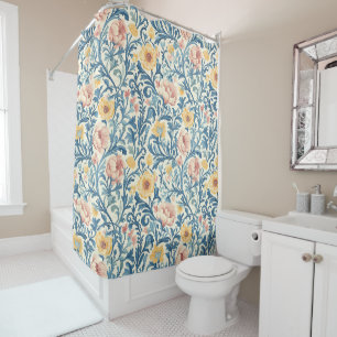 Intricate Pastel Floral Pattern with Blue Foliage