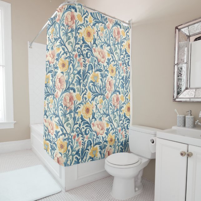 Intricate Pastel Floral Pattern with Blue Foliage (In Situ)