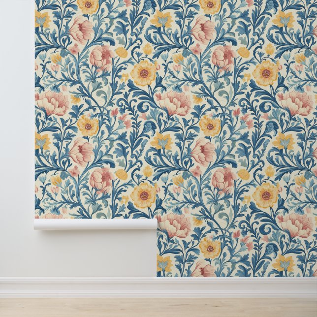 Intricate Pastel Floral Pattern with Blue Foliage Wallpaper (Application)