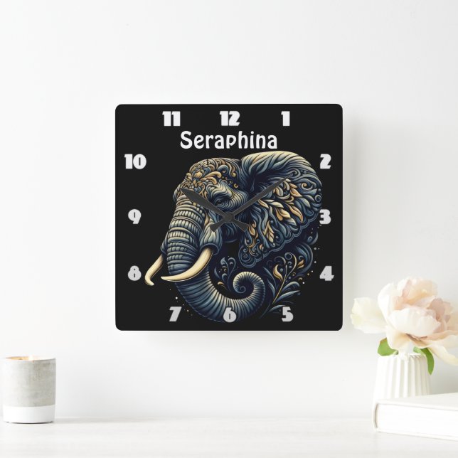 Intricate patterned elephant art square wall clock (Home)