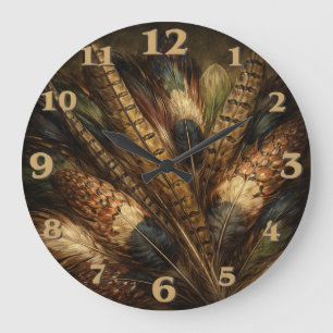 Intricate pheasant feather close-up large clock