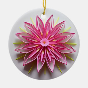 Intricate Pink Floral Origami Design Ceramic Ornament