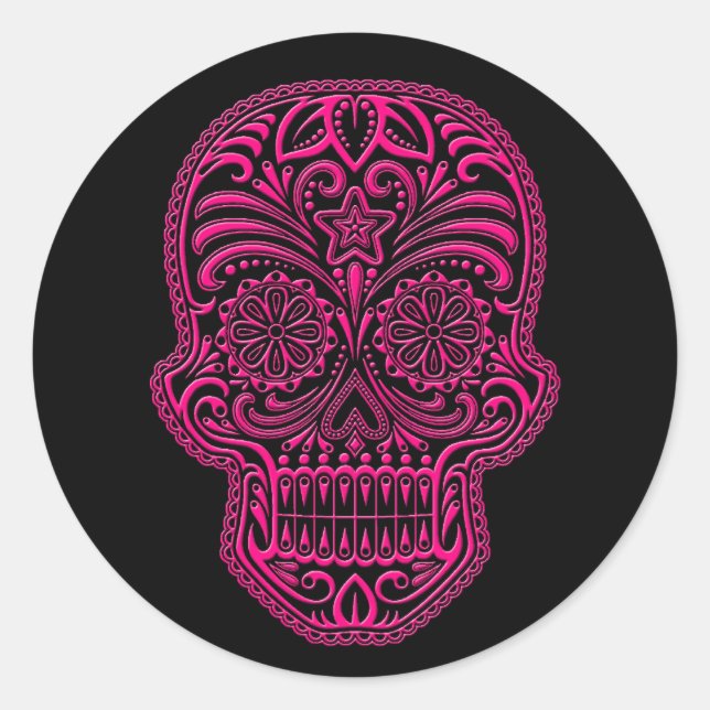 Intricate Pink Sugar Skull on Black Classic Round Sticker (Front)