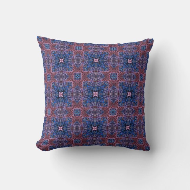 Intricate Purple and Blue Tile Mandala Pattern Throw Pillow (Front)