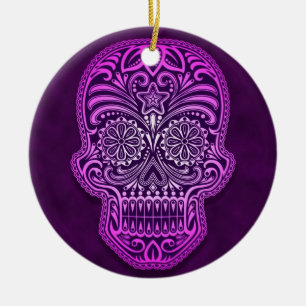 Intricate Purple Sugar Skull Ceramic Ornament