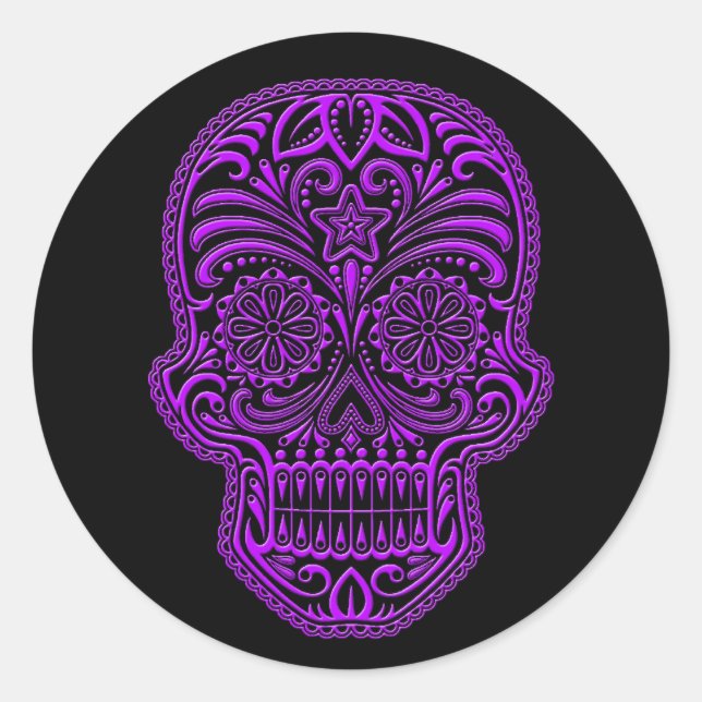 Intricate Purple Sugar Skull on Black Classic Round Sticker (Front)