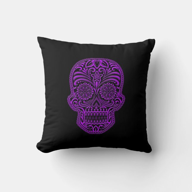 Intricate Purple Sugar Skull on Black Throw Pillow (Front)