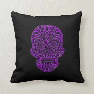 Intricate Purple Sugar Skull on Black Throw Pillow