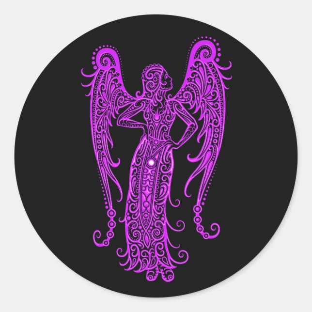 Intricate Purple Virgo Zodiac on Black Classic Round Sticker (Front)