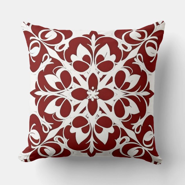 Intricate Red and white Geometric Pattern Throw Pillow (Front)