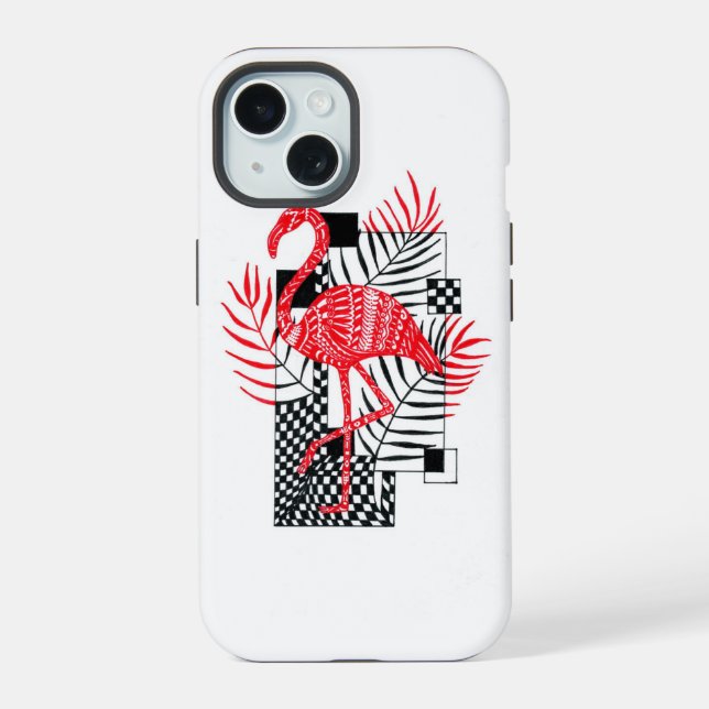 Intricate Red Flamingo Pattern - Exotic Tropical L iPhone 15 Case (Back)