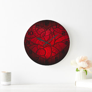 Intricate Red Mandala Heart Romantic Boho Pattern  Large Clock