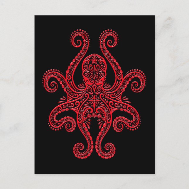 Intricate Red Octopus on Black Postcard (Front)