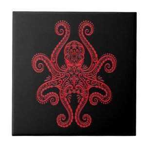 Intricate Red Octopus on Black Tile