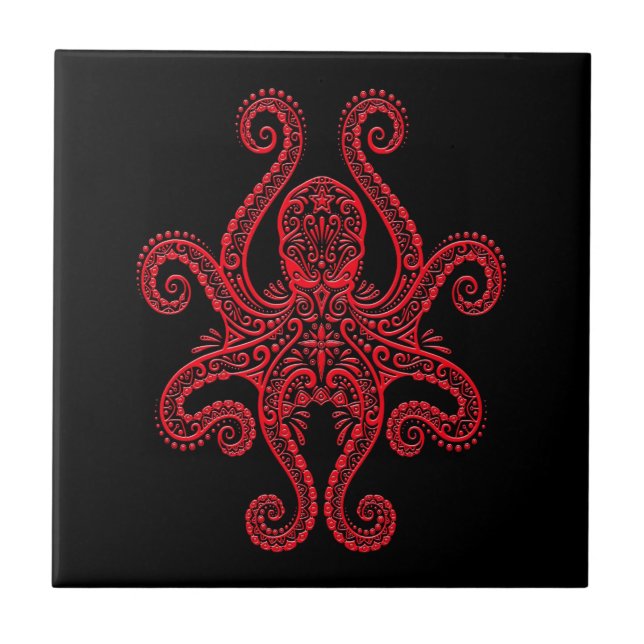 Intricate Red Octopus on Black Tile (Front)