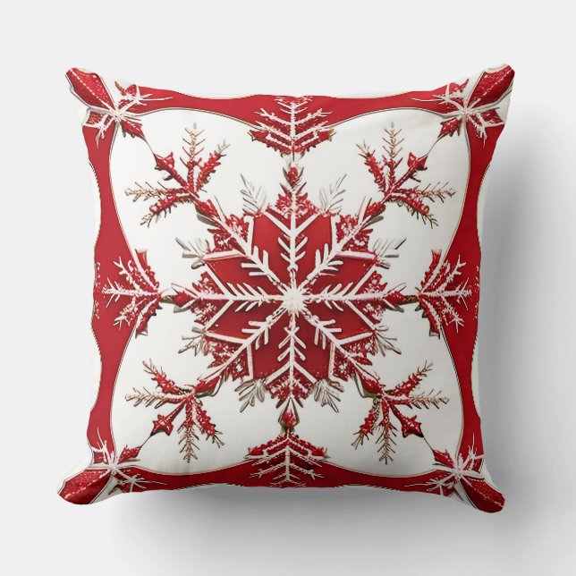 Intricate Red Snowflake Design  Throw Pillow (Front)