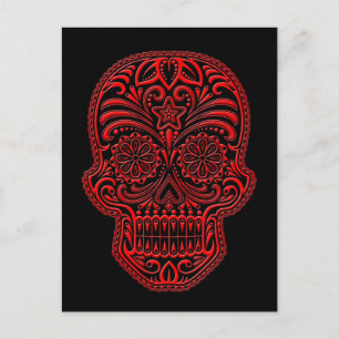 Intricate Red Sugar Skull on Black Postcard
