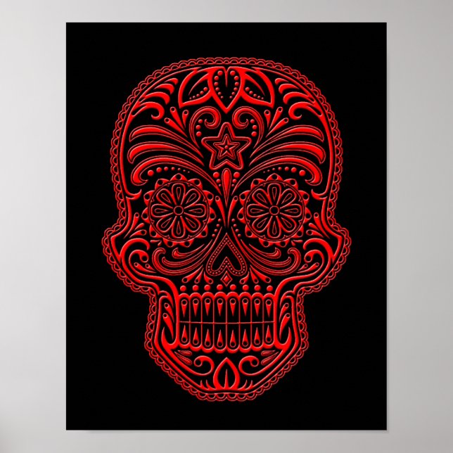 Intricate Red Sugar Skull on Black Poster (Front)