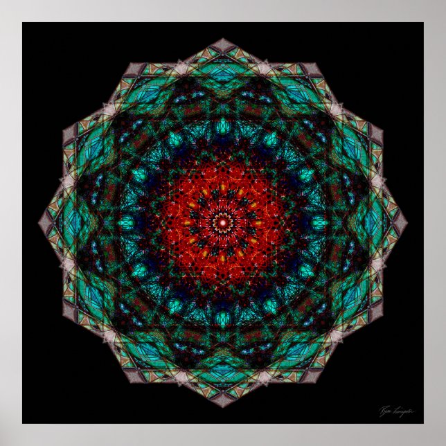 Intricate Red Turquoise Geometric Mandala Art Poster (Front)
