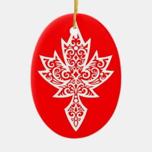 Intricate Red & White Canadian Maple Leaf Ceramic Ornament