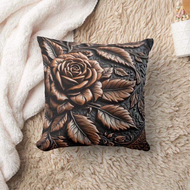Intricate Rose Relief on Dark Leather Throw Pillow (Blanket)