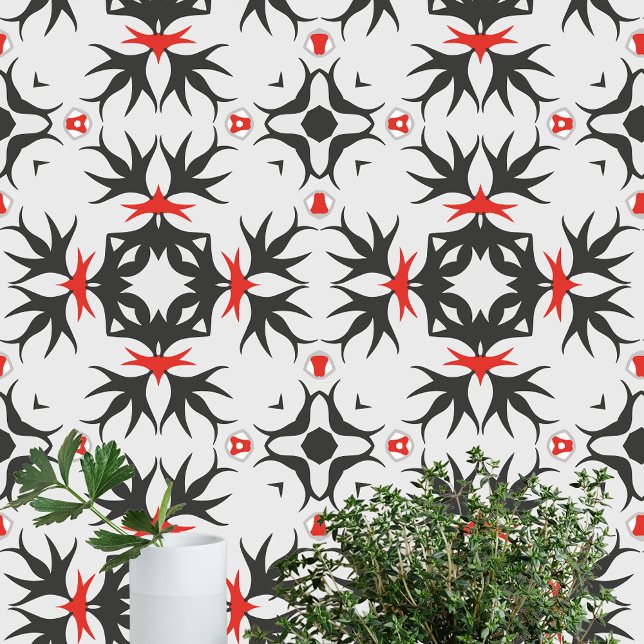 Intricate Sharp Black Red Motifs on Light Grey Wallpaper (Creator Uploaded)