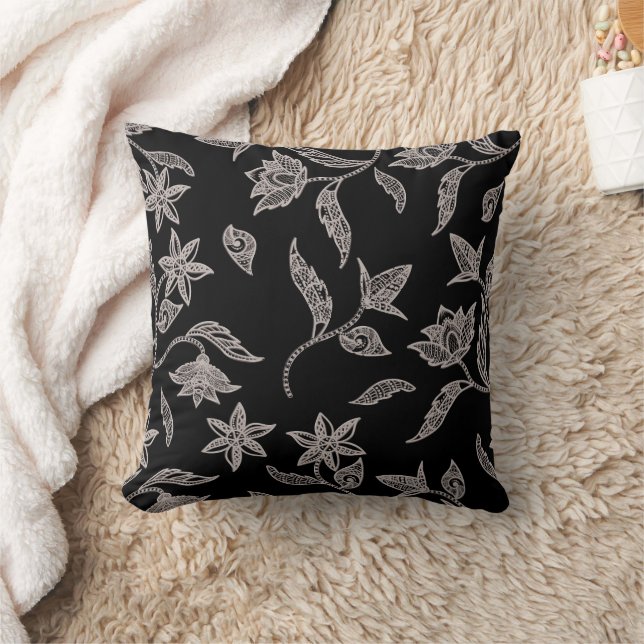 Intricate Silver Lace Floral Pattern Throw Pillow (Blanket)