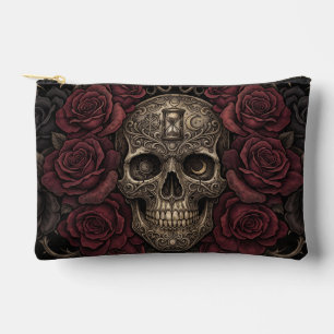 Intricate Skull and Dark Roses Gothic Illustration Accessory Pouch