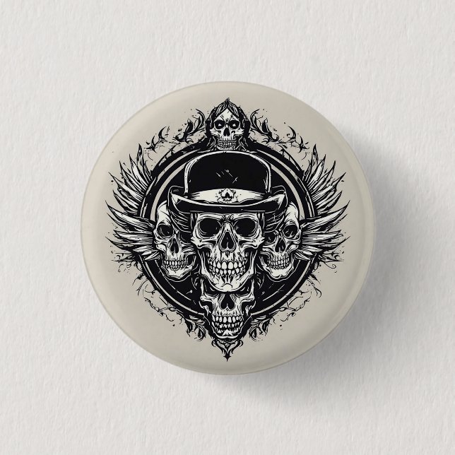 Intricate Skull Design Featuring Wings and Symbols 1 Inch Round Button (Front)
