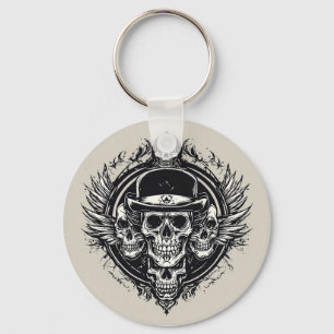Intricate Skull Design Featuring Wings and Symbols Keychain