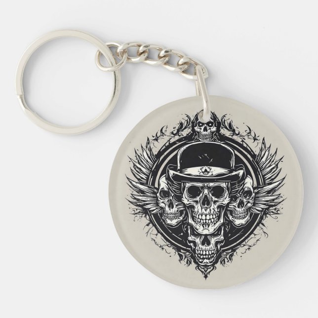 Intricate Skull Design Featuring Wings and Symbols Keychain (Front)