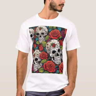 Intricate Skulls & Roses Art Pattern T-Shirt