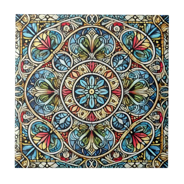 Intricate Stained Glass Mandala Tile (Front)
