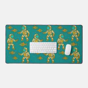 Intricate Steampunk Diver and Robot Fish Desk Mat