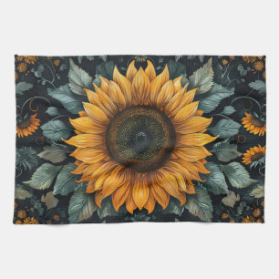 Intricate Sunflower Botanical Art Kitchen Towel