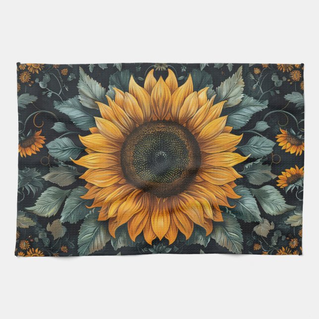 Intricate Sunflower Botanical Art Kitchen Towel (Horizontal)