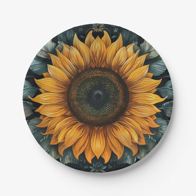 Intricate Sunflower Botanical Art Paper Plate (Front)