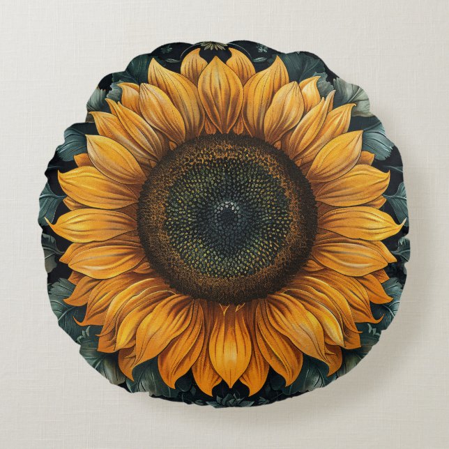 Intricate Sunflower Botanical Art Round Pillow (Front)