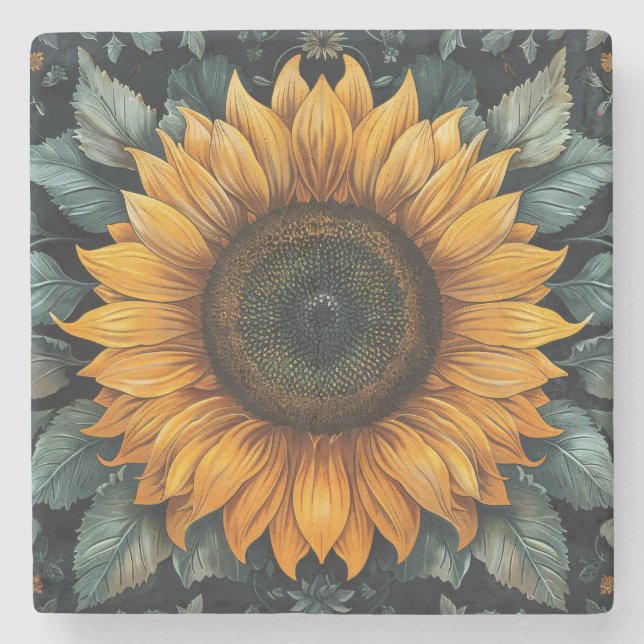 Intricate Sunflower Botanical Art Stone Coaster (Front)