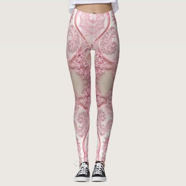 Intricate, swirling patterns of pretty pink lace leggings (Front)