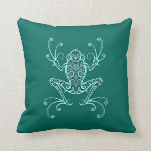 Intricate Teal Blue Tree Frog Throw Pillow