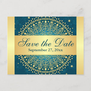 Intricate Teal, Gold Scrolls Save the Date Card
