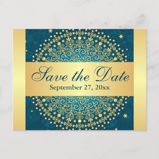 Intricate Teal, Gold Scrolls Save the Date Card (Front)