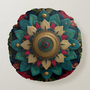Intricate Textured Floral Mandala in Teal and Gold Round Pillow