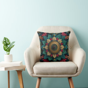 Intricate Textured Floral Mandala in Teal and Gold Throw Pillow