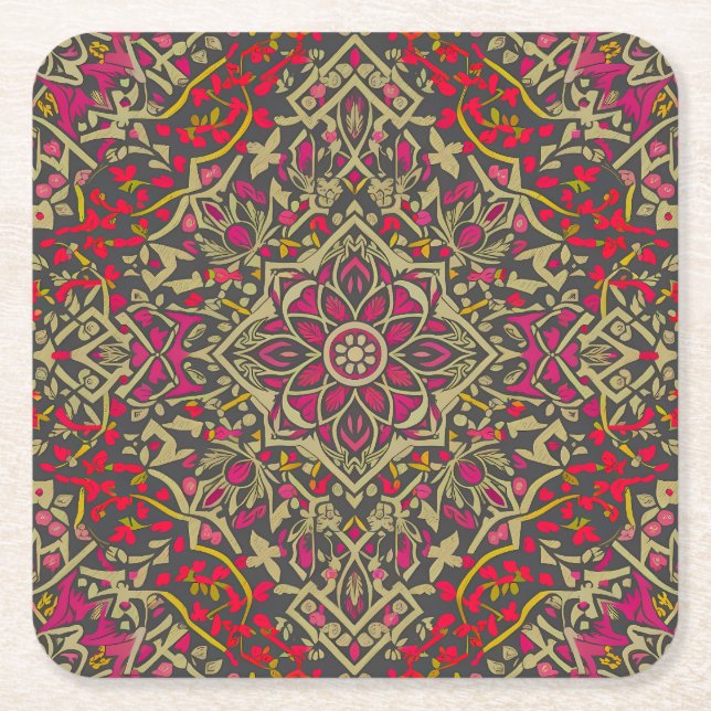 Intricate, Traditional Oriental Rug Motif Design Square Paper Coaster (Front)