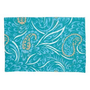 Intricate turquoise fabric design featuring paisle pillowcase