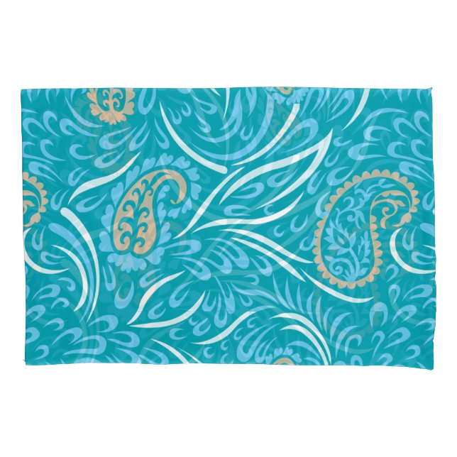 Intricate turquoise fabric design featuring paisle pillowcase (Front-Left)