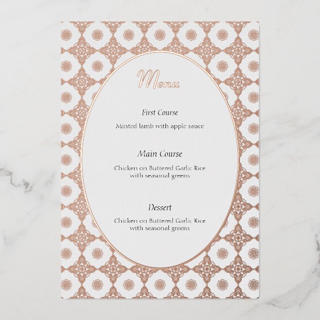 Intricate wedding menu in Rose Gold (Front)