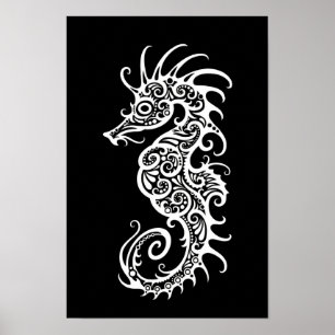 Intricate White Seahorse Design on Black Poster